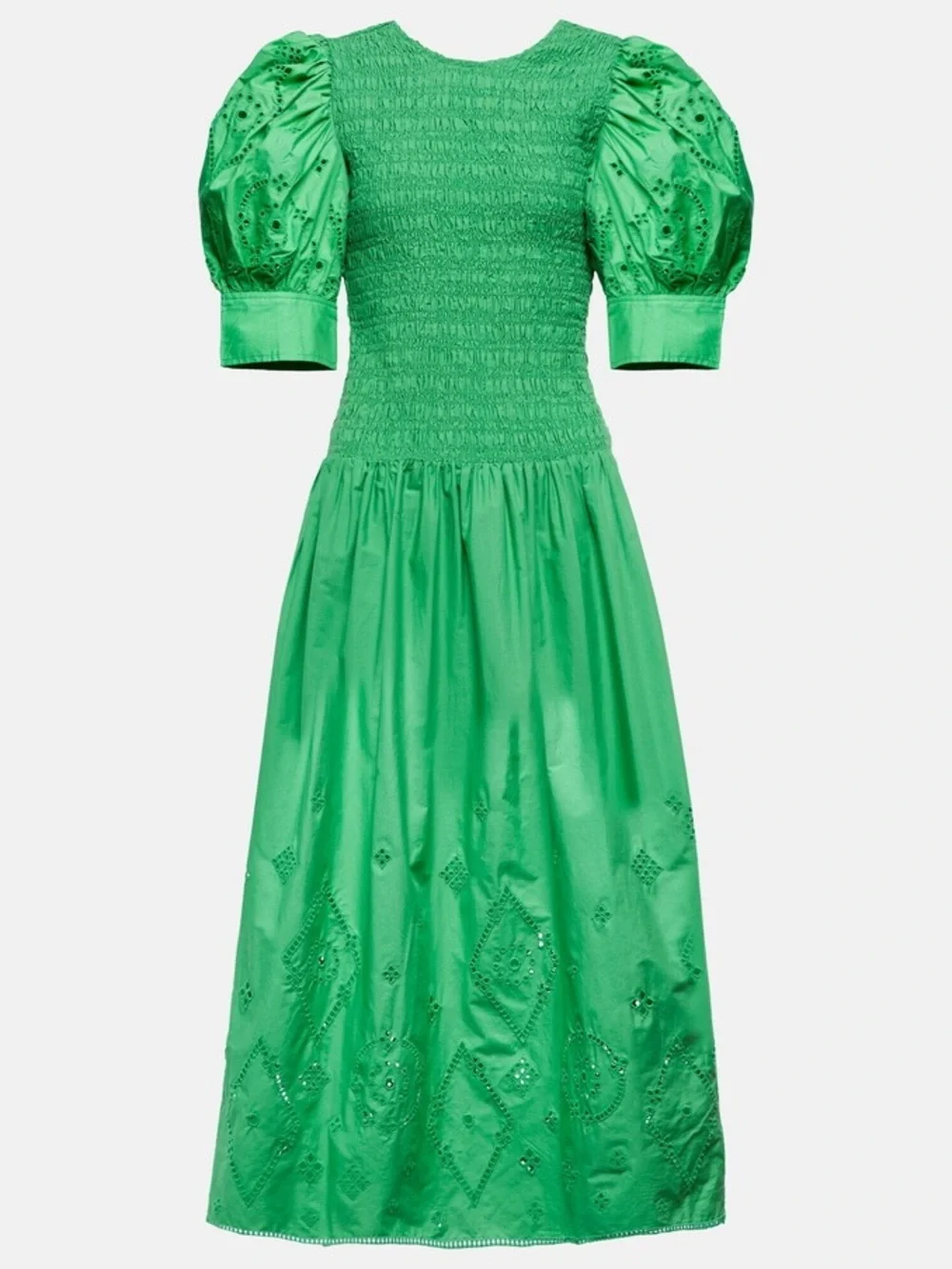 Ganni Women’s Kelly Green Broderie Anglaise Cotton Midi Dress—10/12